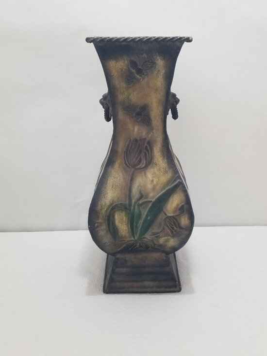 Other - Metal Decorative Hammered Vase Bee Flower 16.5"x6.5" Gold Red Green Brown